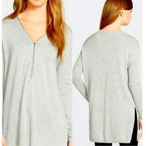 Trouvé women’s zip front v neck long sleeve sweater tunic top Heather gray.